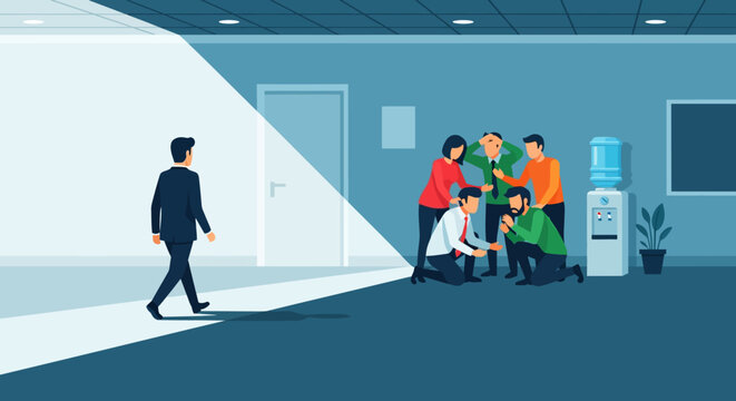 office workers collaborating around water cooler in modern blue interior