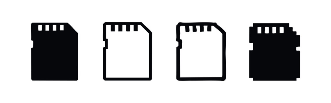 SD Card Icon Set. Solid, Outline, and Pixelated Memory Card Designs for Digital Storage.