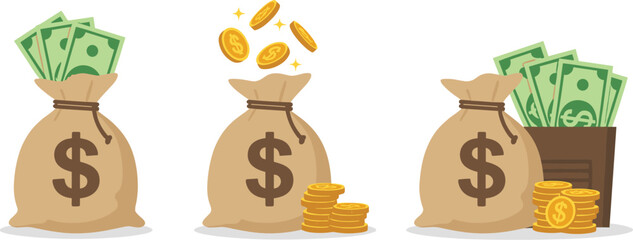 Money bags with dollar signs and cash Keywords: money bag, dollar sign, cash, coins, currency © Priyom