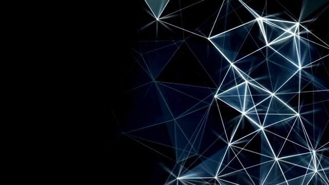 Abstract deep blue plexus with bright white connecting nodes and geometric lines on black.