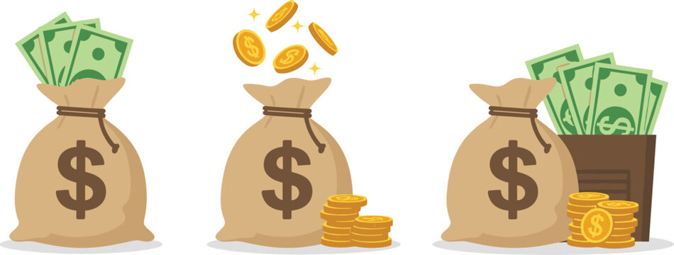 Money bags with dollar signs and cash Keywords: money bag, dollar sign, cash, coins, currency