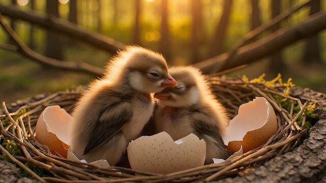 Cute Baby Chicken Hatchlings in Forest Nest at Golden Hour
