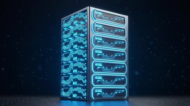 Server Rack with Neon Blue Lights.