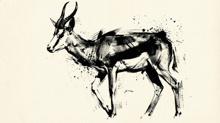 Artistic ink wash drawing of an antelope with dynamic black splatters on a textured paper background