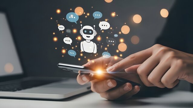 A person interacting with a smartphone and a chatbot interface