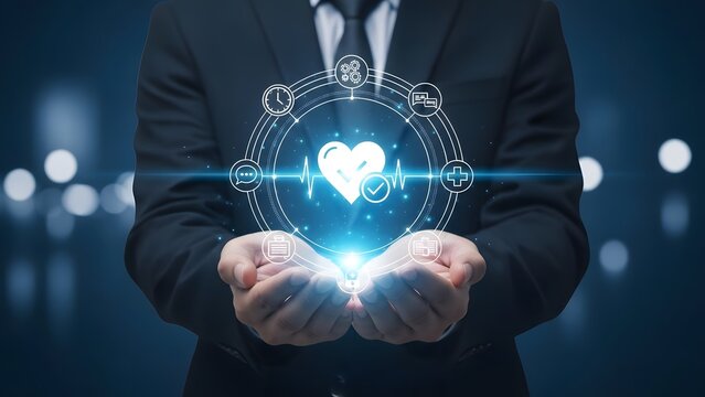 Businessman holding a glowing heart with digital network connections