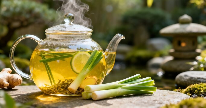 Steaming Glass Teapot with Fresh Lemongrass and Ginger Infusion in a Serene Garden Setting