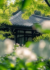 Japanese temple roof, lush greenery, soft focus