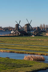 Traditional Dutch Windmills and Canals in Zaandam, North Holland, Netherlands