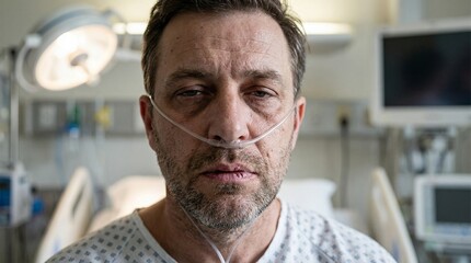 Fototapeta premium A middle-aged man is sitting on a hospital bed wearing a simple gown and a breathing tube. Medical equipment, monitors, and overhead lighting create a clean clinical environment focused on the man