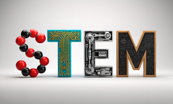 Creative 3D STEM acronym featuring science, technology, engineering, and math concepts on white.