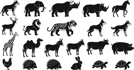 Fototapeta premium Wild and farm animal silhouette icon set in black