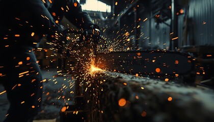Naklejka premium A welder sparks fly as they cut through a metal beam in a dark industrial workshop
