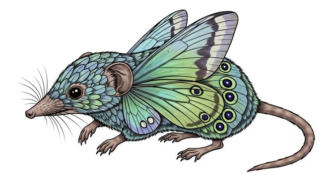 Enchanting hybrid creature artwork showcasing a tiny shrew-like animal adorned with beautifully patterned, colorful butterfly wings, a unique fantasy concept