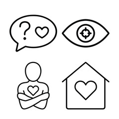 Obraz premium Set of four line icons representing core human needs and emotions communication, vision, selflove, and home security or belonging