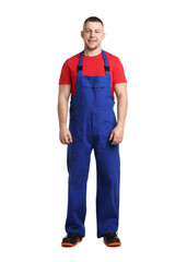 Fototapeta premium Handsome repairman in uniform on white background