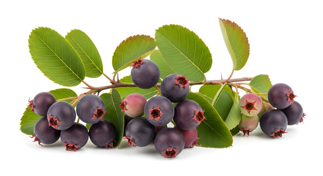 Branch of ripe saskatoon berries with green leaves isolated on white. Studio shot of fresh purple amelanchier fruits for healthy eating concepts.