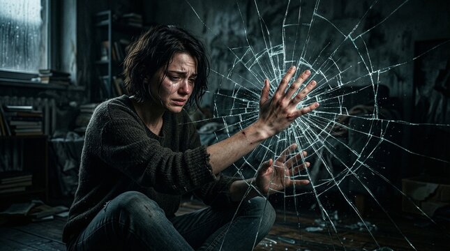 Mental breakdown concept, person breaking invisible barrier