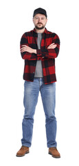 Naklejka premium Long-haul truck driver in baseball cap and red checkered shirt with crossed arms against white background