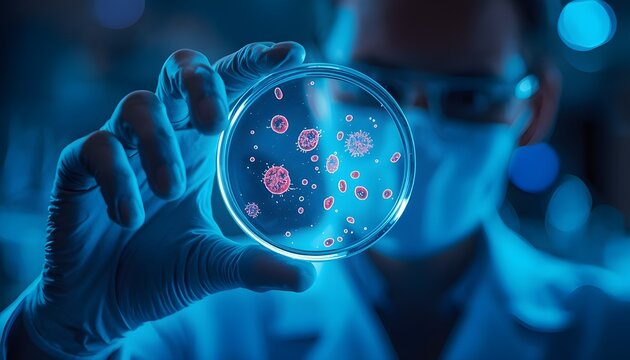 a Hand Holding a Petri Dish with Fluorescent Bacteria Cultures in a Laboratory Setting