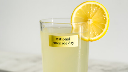 A glass of lemonade with a lemon slice garnish and a label reading 'national lemonade day'