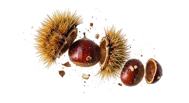 Exploding fresh chestnuts with spiky green husks and brown nuts levitating on white background