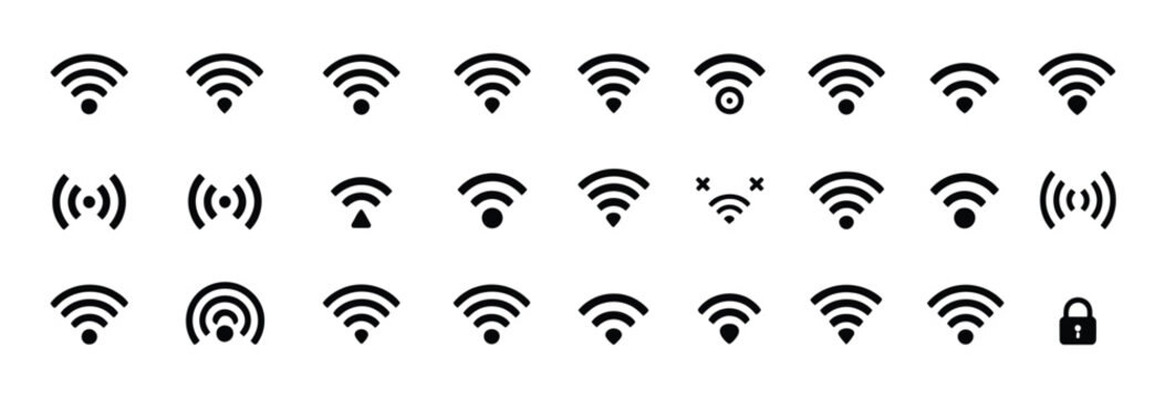Collection of diverse Wi-Fi signal strength icons and symbols, representing wireless connectivity, network strength, and internet access in a clean, modern vector graphic.
