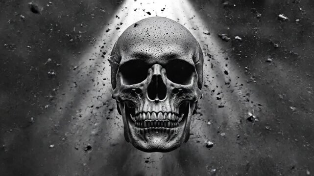 Haunting Human Skull Emerges from Darkness with Eerie Light Rays.