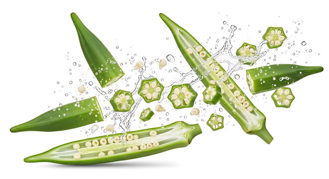 Fresh Green Okra Slices and Halves Splashing in Water Isolated on White Background
