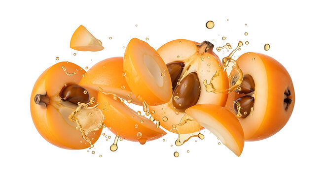 Fresh Loquat Fruit Slices with Juice Splashes and Water Droplets Levitation Isolated on White Background