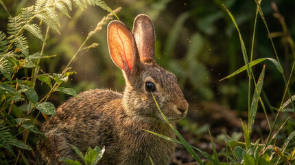 Obraz premium Realistic close-up portrait of a wild brown rabbit sitting in lush green grass with soft sunlight filtering through the trees