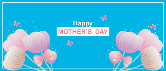 Festive Mother’s Day greeting card with a bright blue background, white border, and central text “Happy Mother’s Day” in pink and white. ©  Kateryna