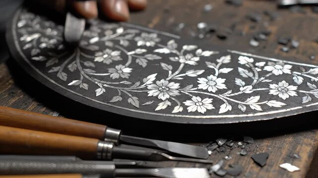 Close up on a skilled artisan meticulously engraving intricate floral patterns onto a dark metal surface with traditional carving tools and hammer creating detailed ornamental designs on a