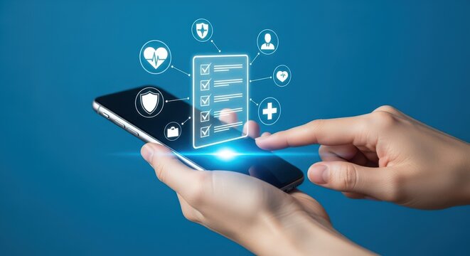 Person using smartphone with medical health icons and checklist