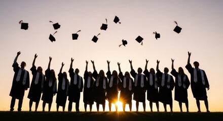 Naklejka premium Diverse graduates celebrate throwing caps at sunset