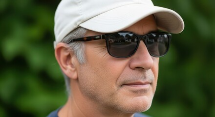 Man wearing baseball cap and sunglasses outdoors