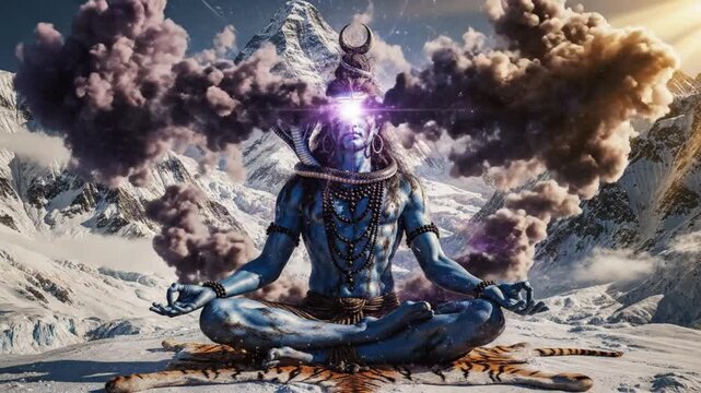 Lord Shiva Meditating in the Himalayas with Cosmic Energy and Spiritual Aura.