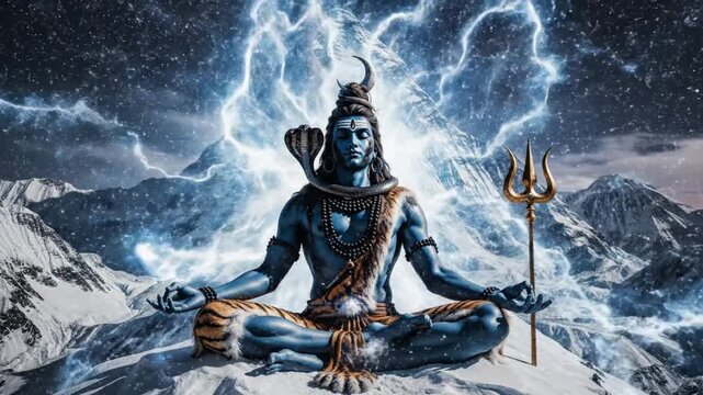 Lord Shiva Meditating in the Himalayas with Cosmic Energy and Trident.