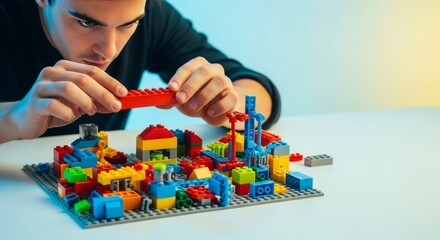Fototapeta premium Intent individual concentrating, meticulously placing vibrant plastic toy bricks onto an intricate tabletop construction project, hobby, development, vibrant
