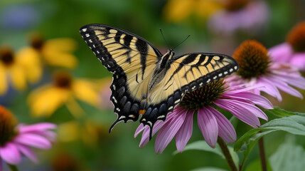 Vibrant butterfly resting on a pink coneflower in a sun-drenched wildflower meadow with yellow and white blooms, defocused background, nature and pollination concept, garden