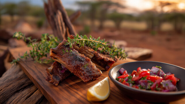 Authentic Kenyan nyama choma grilled goat ribs served with fresh kachumbari salad and lemon on a wooden board in a warm savanna setting, defocused background, East African cuisine