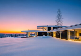 Obraz premium A sleek, contemporary villa nestled in a serene, snow-covered winter landscape. Its minimalist design complements the tranquil, frosty rural environment, sophisticated, beautiful, secluded