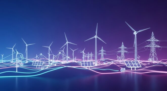 Abstract digital landscape depicting sustainable power solutions and future energy innovation with clean lines and glowing elements, smart, data visualization, electricity