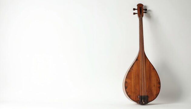 Acoustic wooden saz with three strings, no players. Traditional folk instrument body and neck detail on white studio background. Copy space for text.