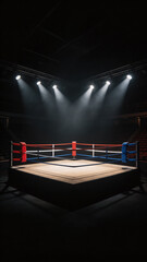 A dark boxing ring illuminated by bright overhead lights