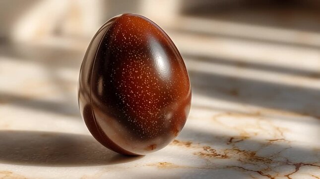 Glossy brown chocolate easter egg with speckles on marble surface
