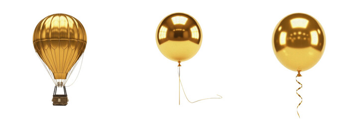 Obraz premium Set and collection of metallic gold party balloons and hot air balloon for celebration and luxury event concepts isolated on white transparent PNG background