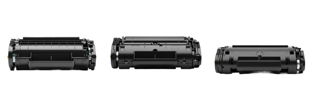 Set and collection of black laser printer toner cartridges for office printing and stationery supply concepts isolated on white transparent PNG background