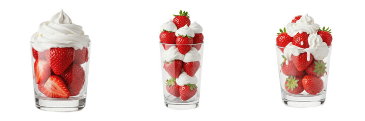 Set and collection of delicious strawberry parfaits with fresh red berries and whipped cream in glass cups isolated on white transparent PNG background © waterflow
