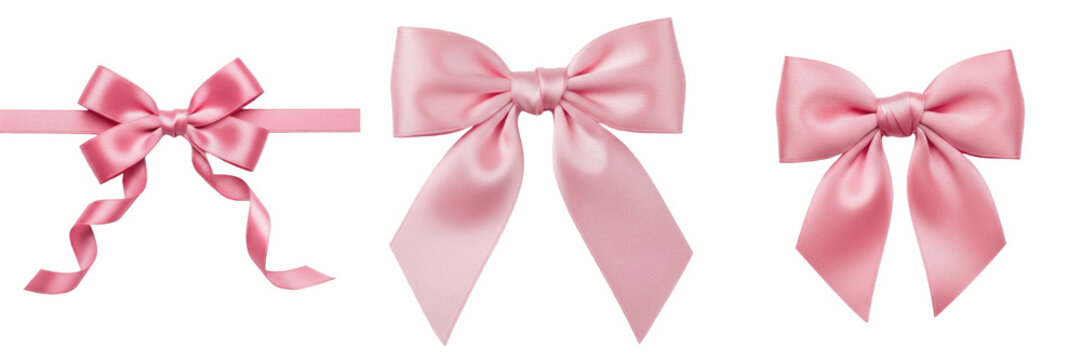 Set and collection of elegant pink satin bows and decorative ribbons for gift wrapping and festive celebrations isolated on white transparent PNG background